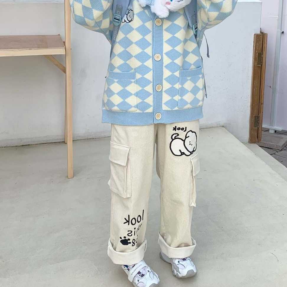 Tanio Białe spodnie sztruksowe QWEEK Harajuku Kawaii z haftem Cart… sklep