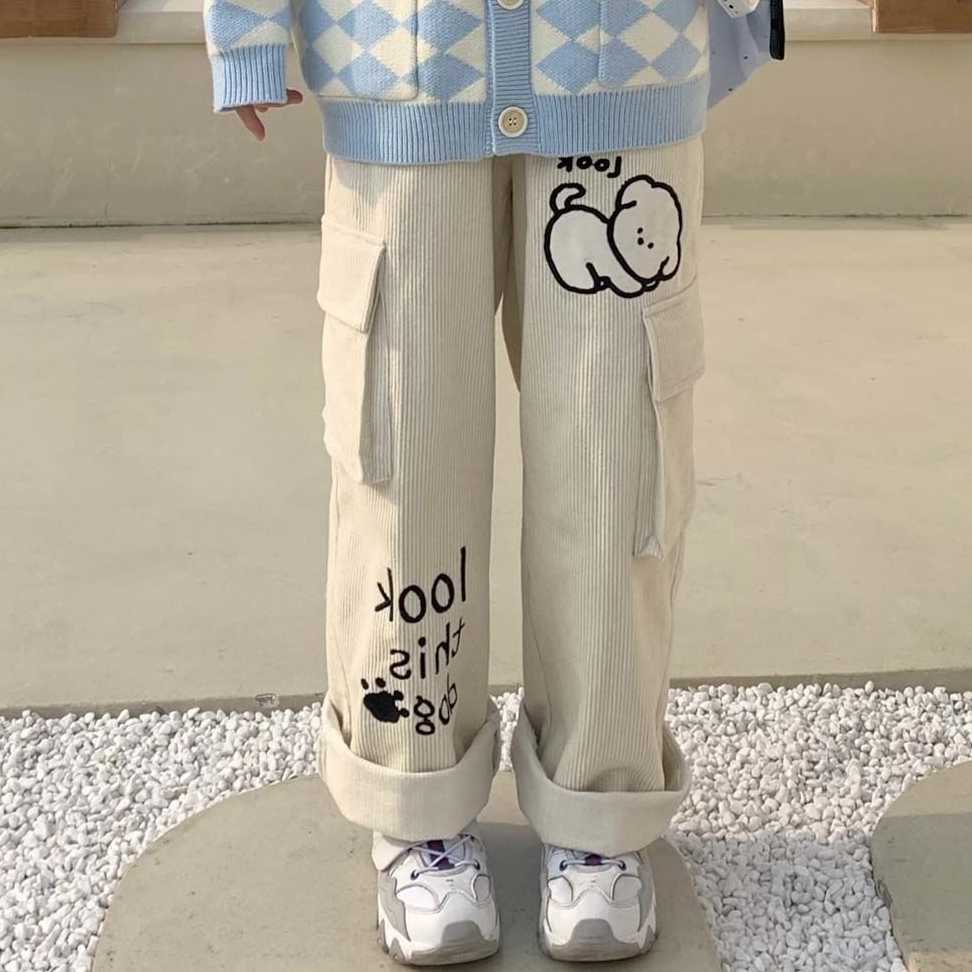 Tanio Białe spodnie sztruksowe QWEEK Harajuku Kawaii z haftem Cart… sklep