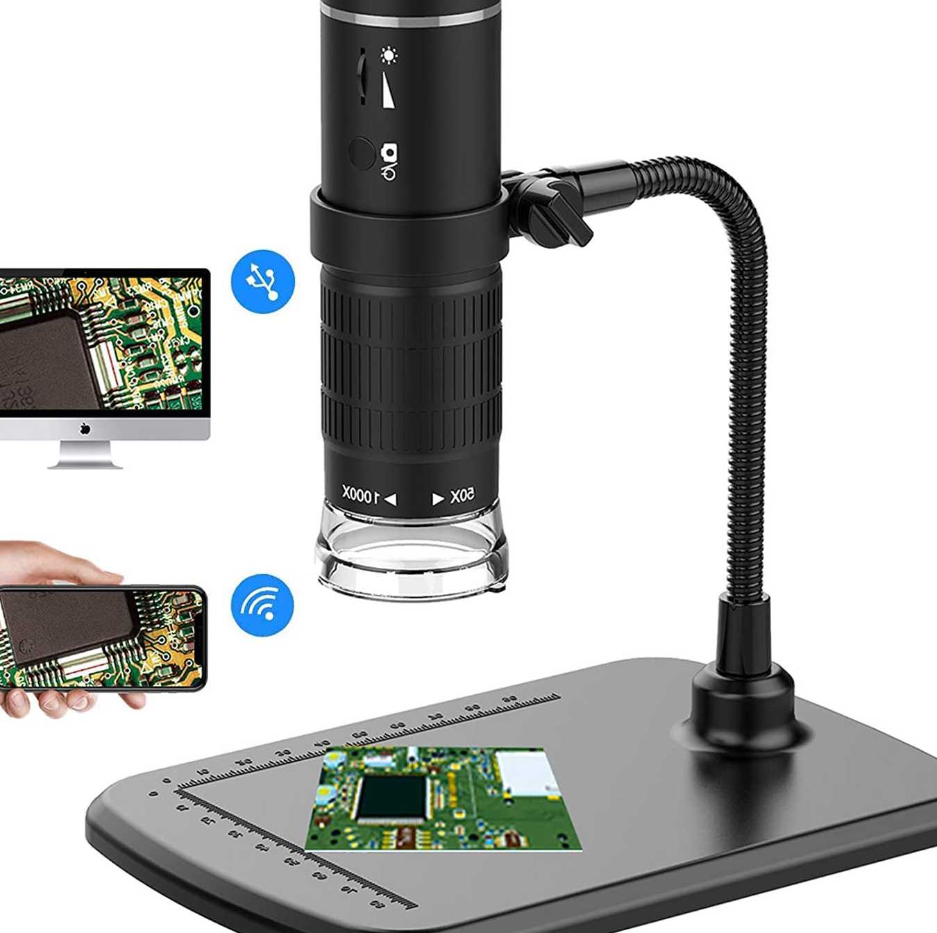 Tanie Bezprzewodowy mikroskop cyfrowy USB HD 50x-1000x z elastyczn…