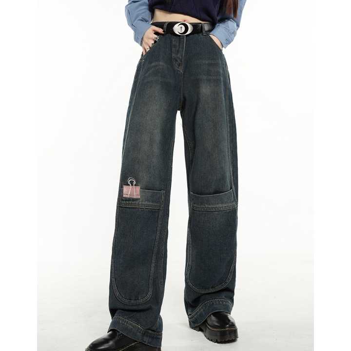 Tanie Niebieskie jeansy damskie z haftami - Vintage Street Style…
