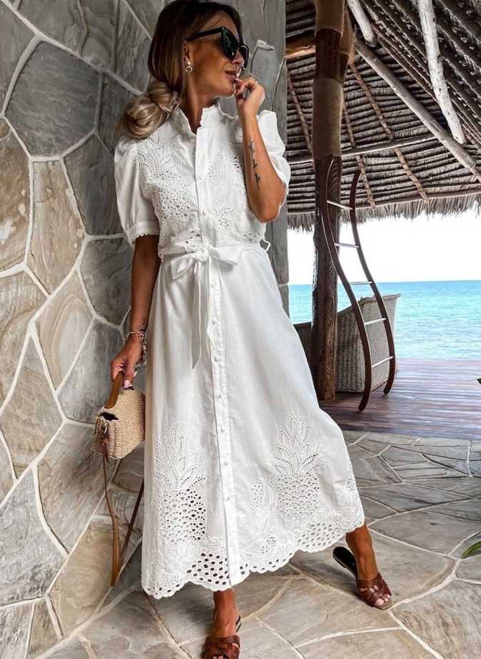 Tanio Elegancka damska sukienka z haftem stójka z krótkim rękawem … sklep