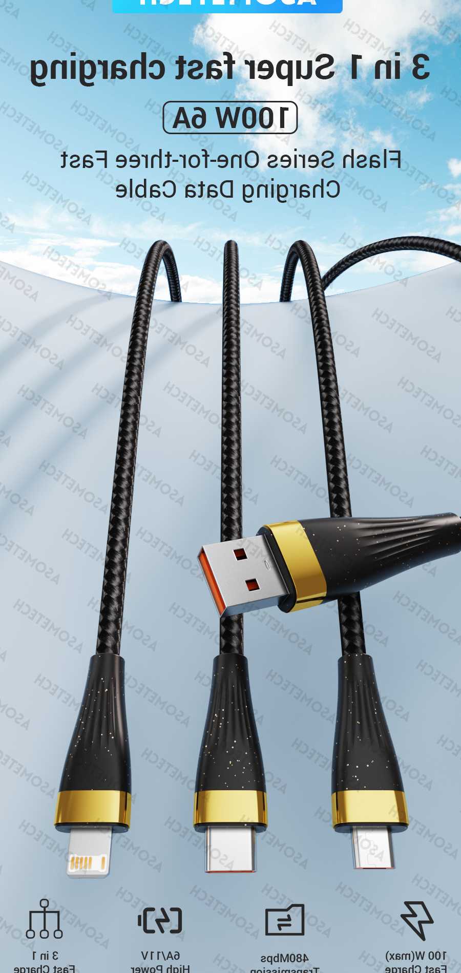 Huawei/Honor 3w1 kabel ładujący USB 6A 100W - przenośny Micr…