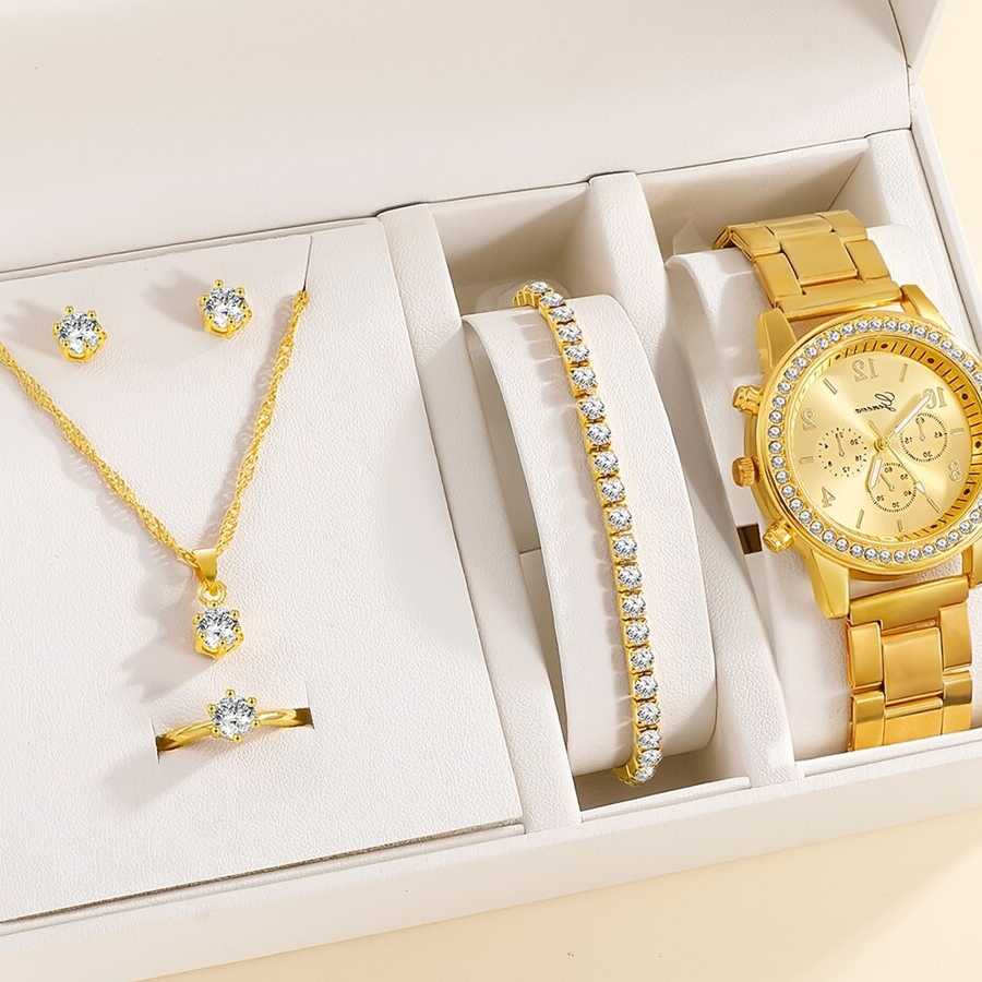 Tanie 6 sztuk zestaw luksusowy zegarek kobiety pierścień naszyjnik… sklep