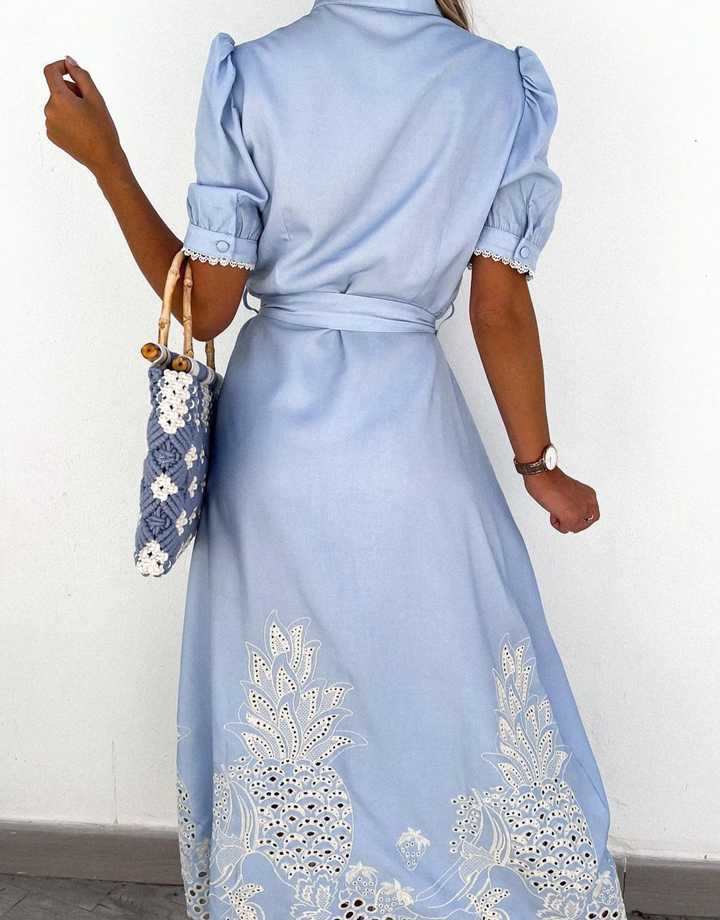 Tanio Elegancka damska sukienka z haftem stójka z krótkim rękawem … sklep