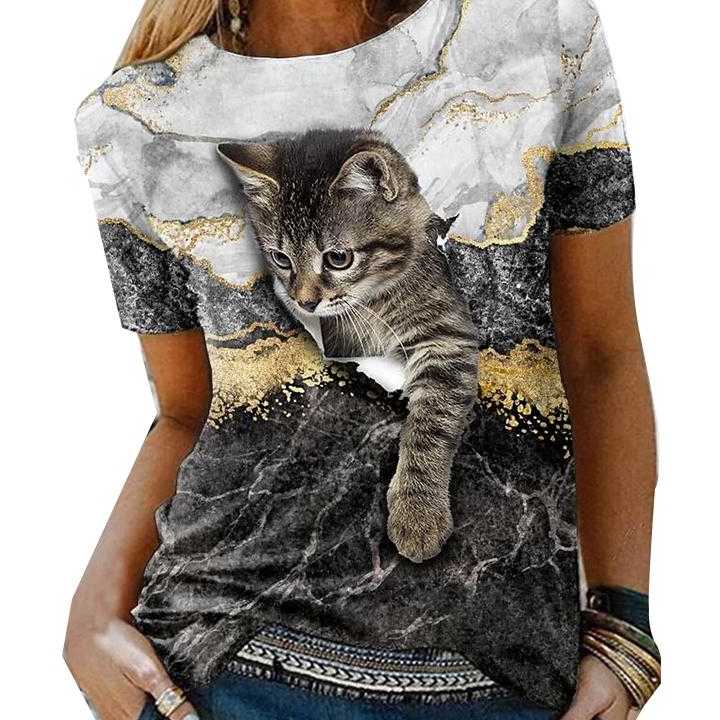 Tanie Letnie koszulki z krótkim rękawem dla kobiet 3d słodki kocia…