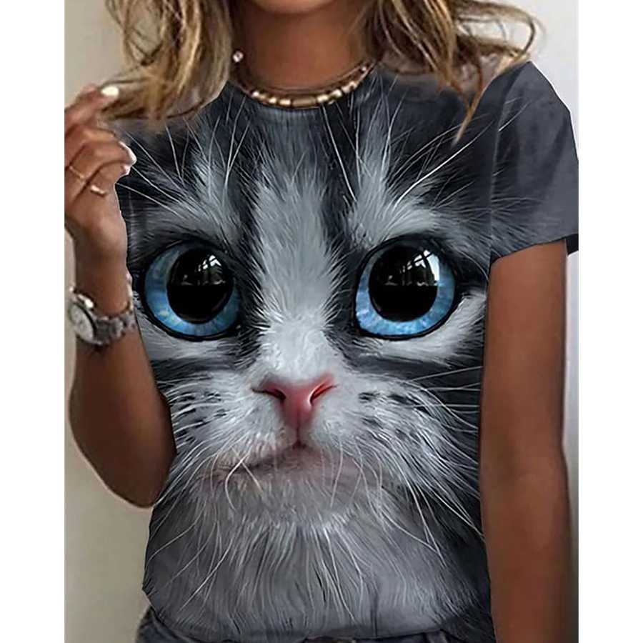Tanie Letnia koszulka kobiety drukowanie 3D słodki kociak modna ko…