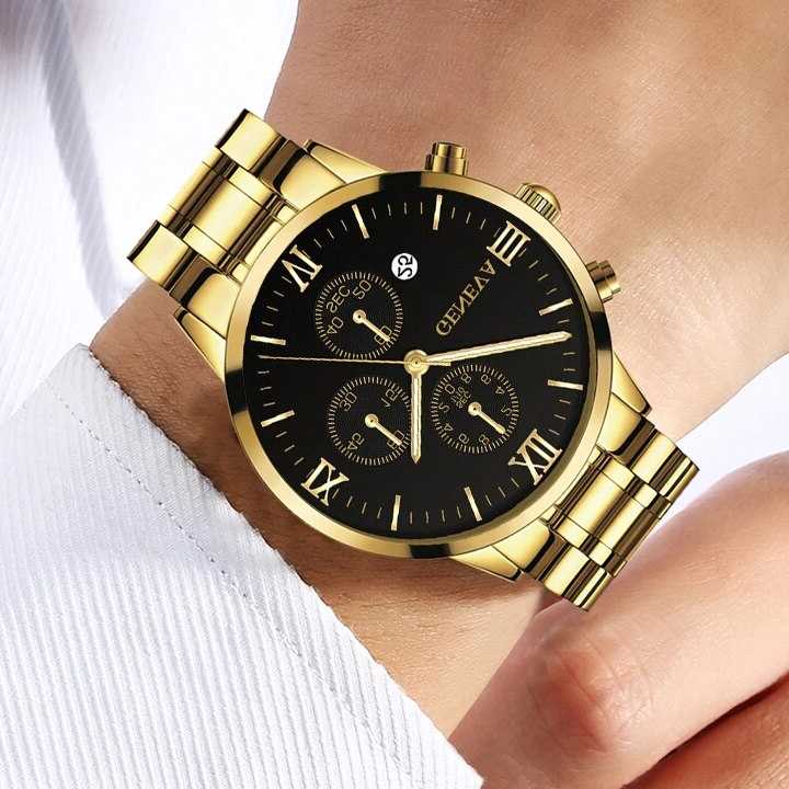 Tanie Złoty zegarek męski Genewa - luksusowy, kwarcowy, stal nierd…