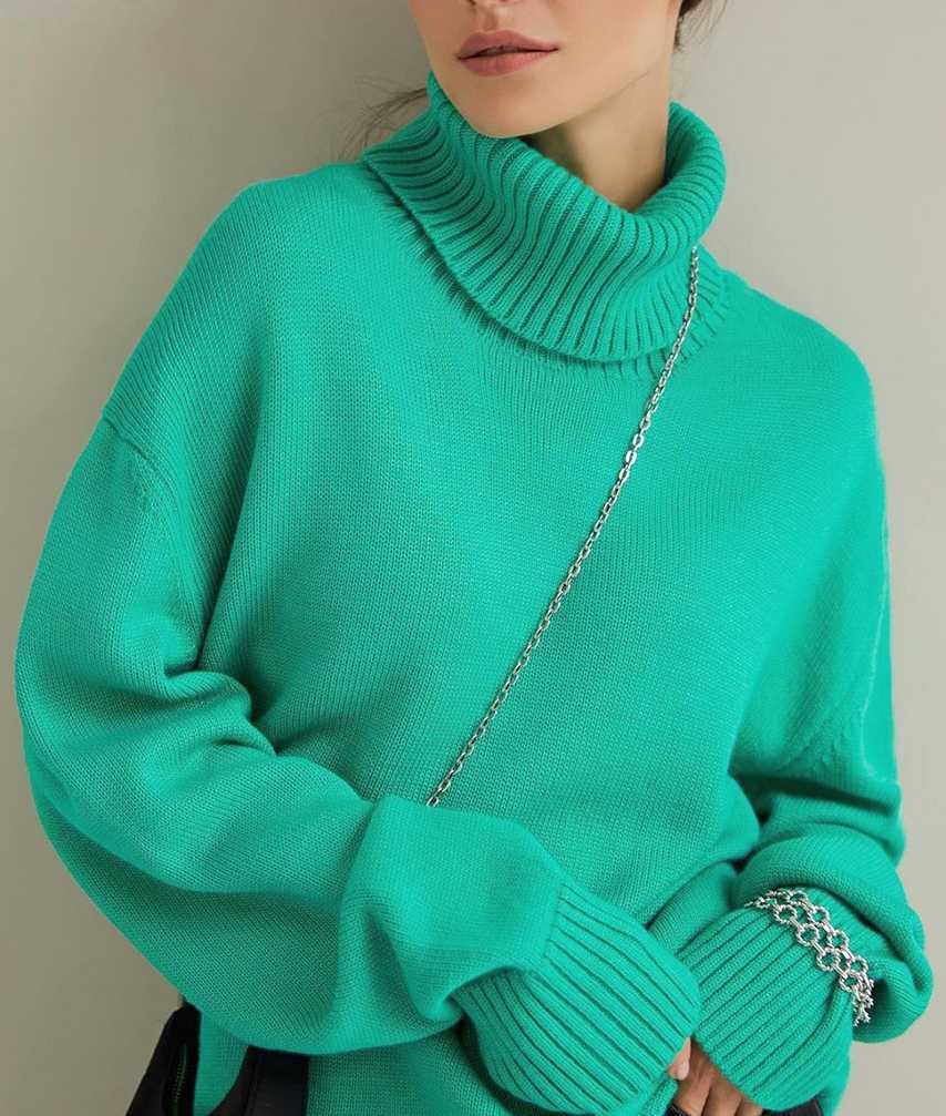 Damski zielony Vintage sweter z golfem…