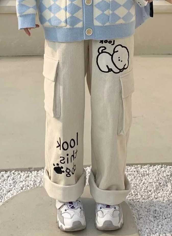 Tanie Białe spodnie sztruksowe QWEEK Harajuku Kawaii z haftem Cart… sklep