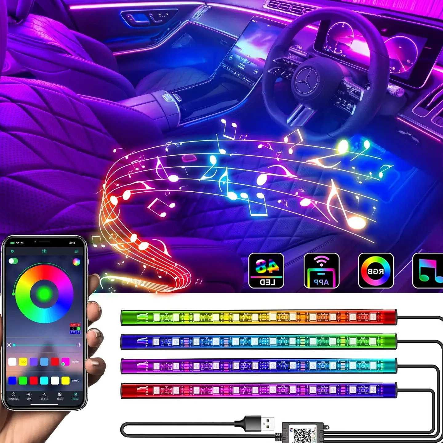 Tanie 4w1 RGB LED oświetlenie samochodu z aplikacją USB…